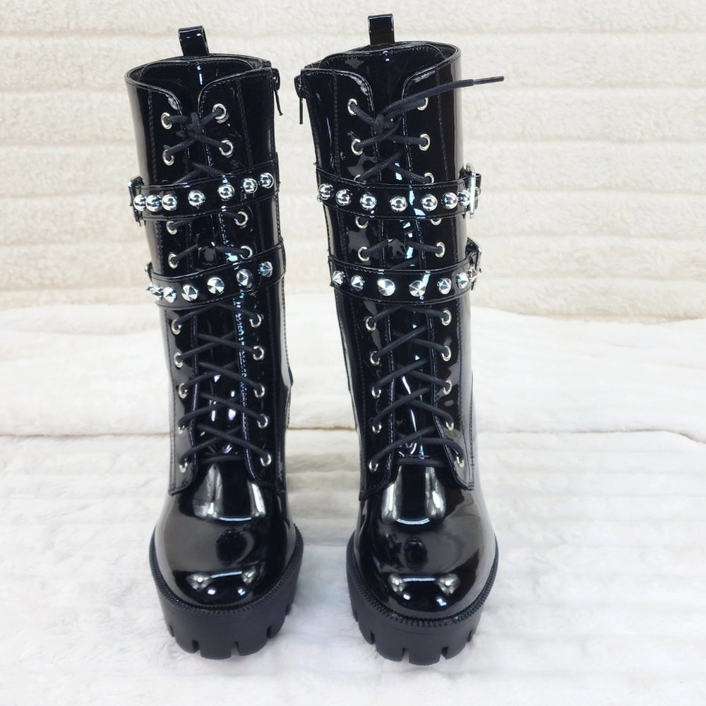 Shiney Black Patent Lug Sole Studded Strap Ankle Boots Temptress - Picture 7 of 12